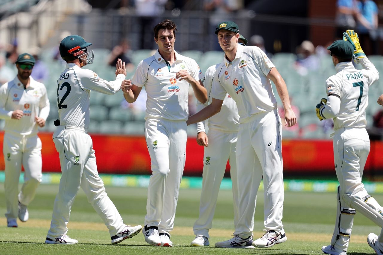 Pat Cummins celebrates after an early wicket on the second morning, Australia vs India, 1st Test, Adelaide, 2nd day, December 18, 2020