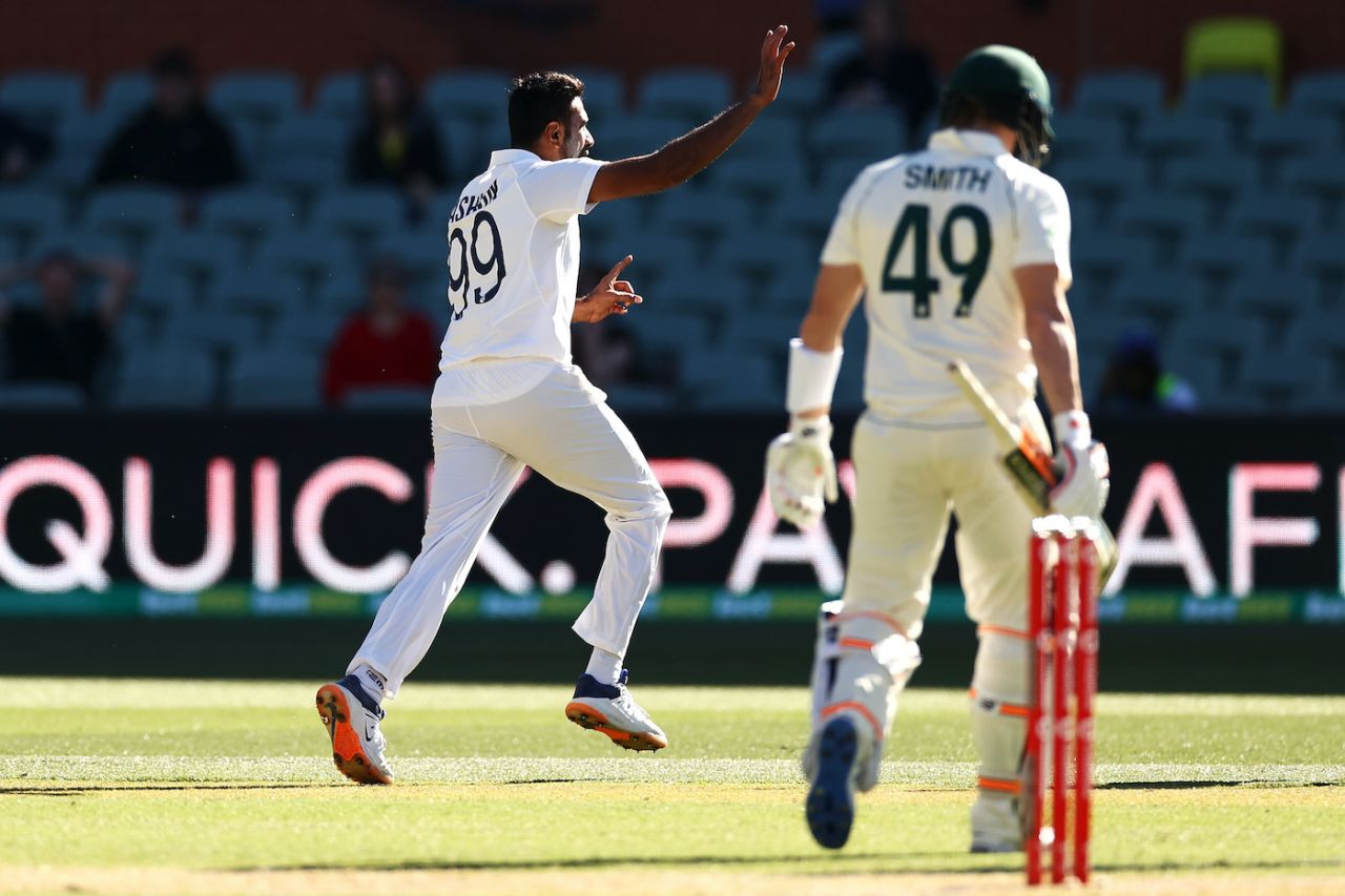 R Ashwin celebrates after claiming the prized scalp of Steven Smith, Australia vs India, 1st Test, Adelaide, 2nd day, December 18, 2020