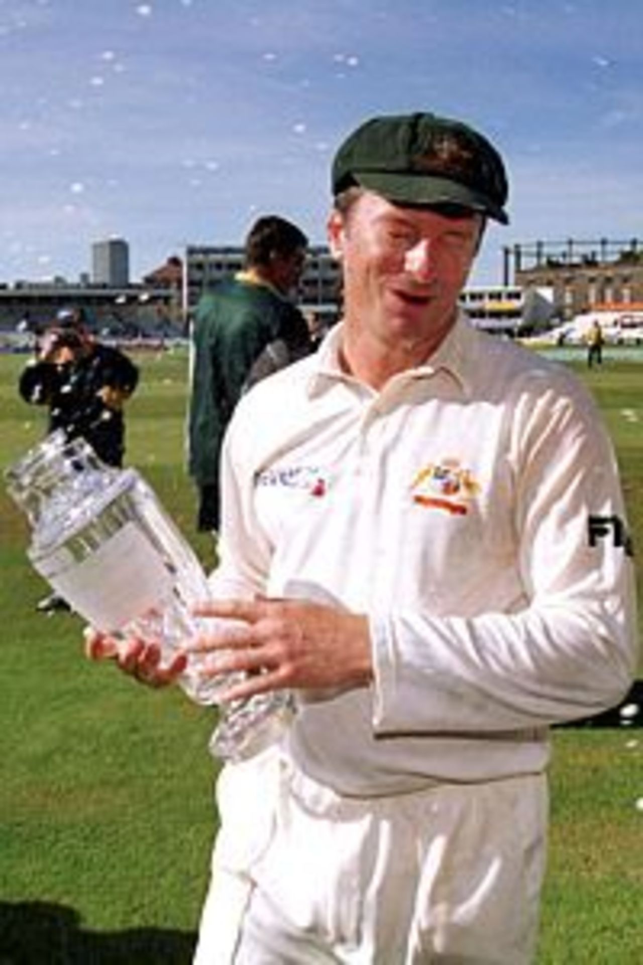 27 Aug 2001: Steve Waugh of Australia celebrates with the Ashes Trophy after winning the 5th Ashes Test between England and Australia at The AMP Oval, London.