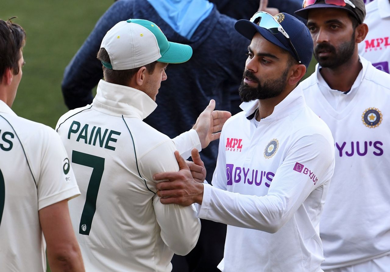Tim Paine and Virat Kohli catch up after the game, Australia vs India, 1st Test, Adelaide, 3rd day, December 19, 2020  