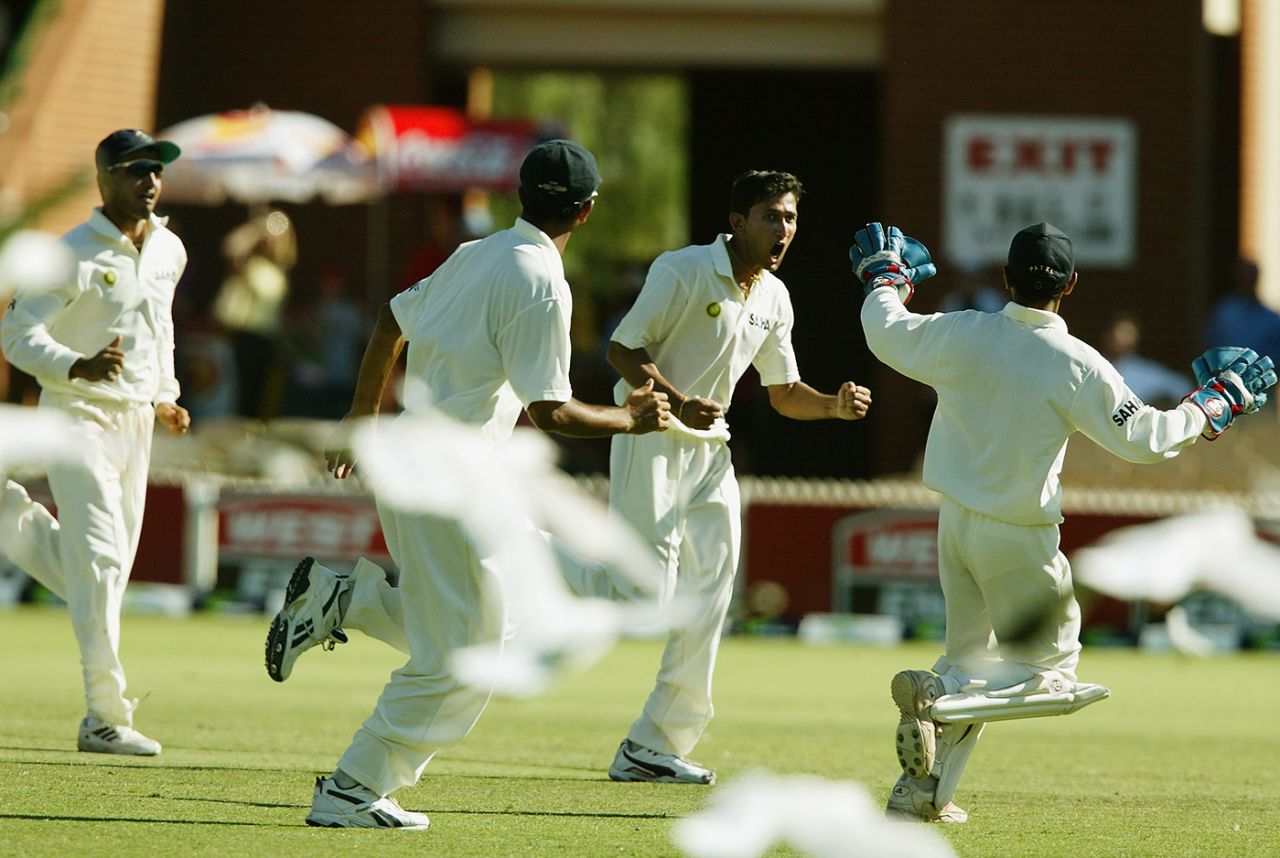 Ajit Agarkar celebrates Simon Katich's wicket, Australia v India, 2nd Test, Adelaide, 5th day, December 16, 2003