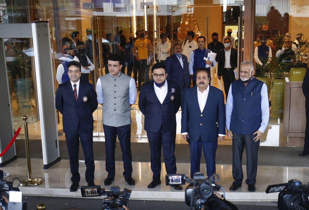 BCCI's Arun Singh Dhumal, Sourav Ganguly, Jay Shah, Rajiv Shukla and Brijesh Patel at the 89th AGM, Ahmedabad, December 24, 2020