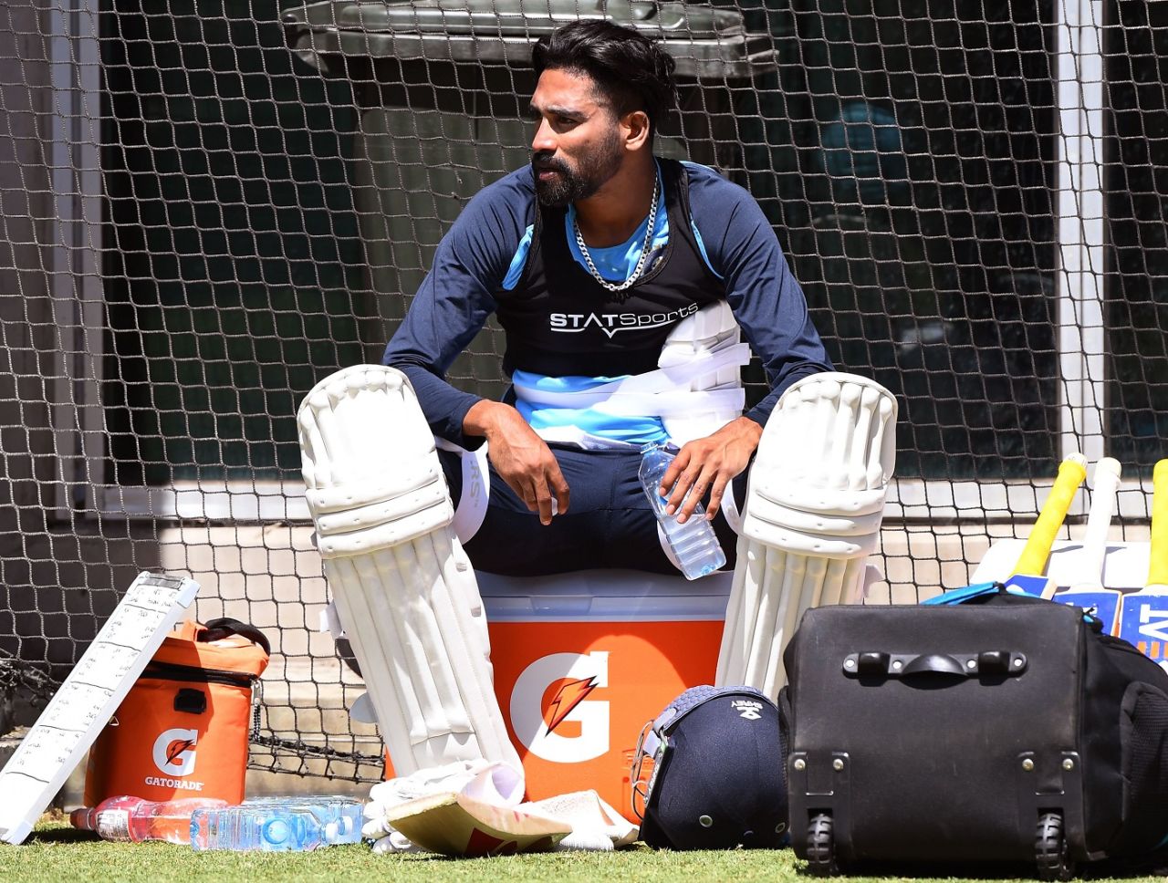 Mohammed Siraj takes a break during a training session, Melbourne, December 24, 2020