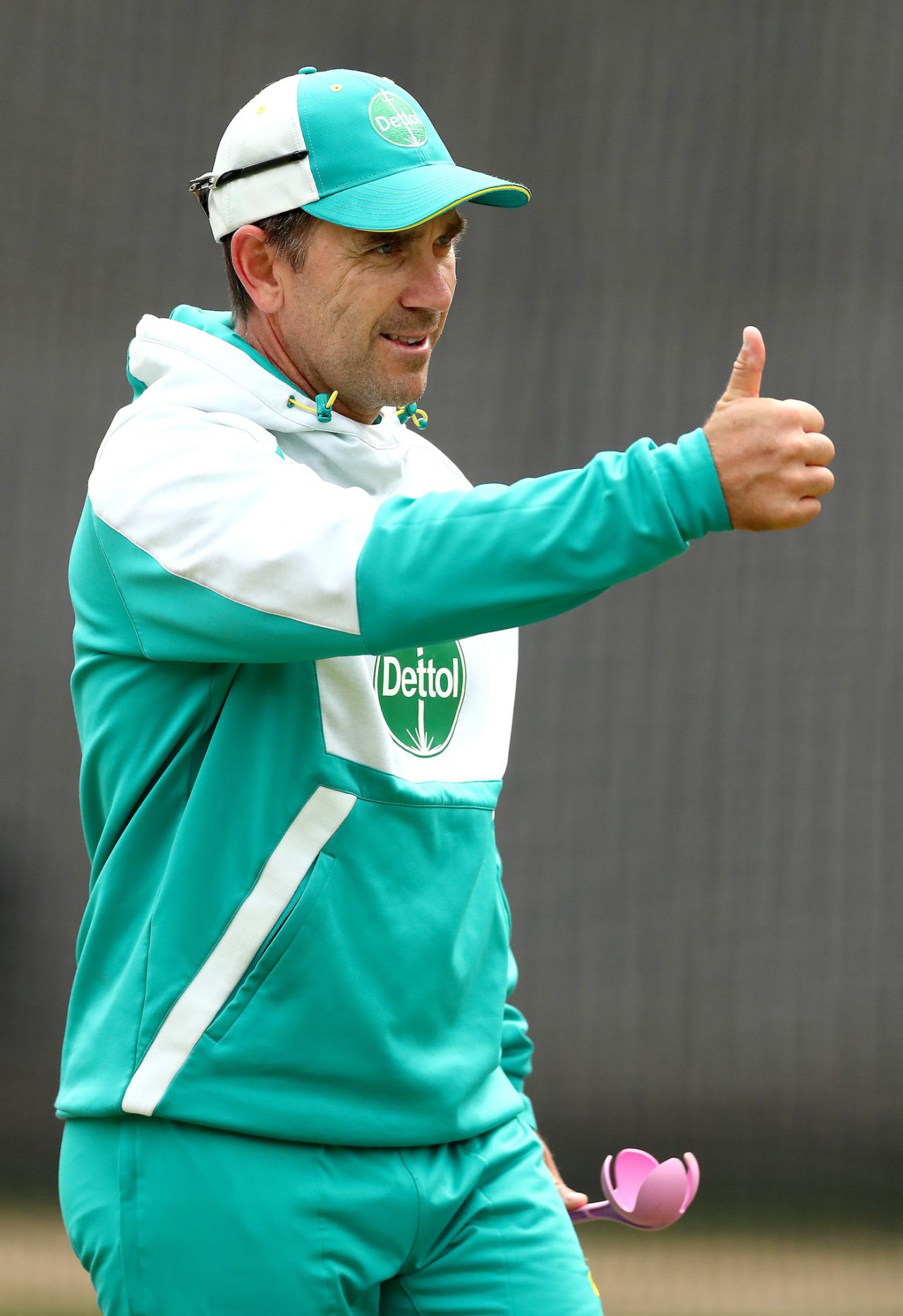 Justin Langer gives a thumbs up during a training session, Melbourne, December 25, 2020