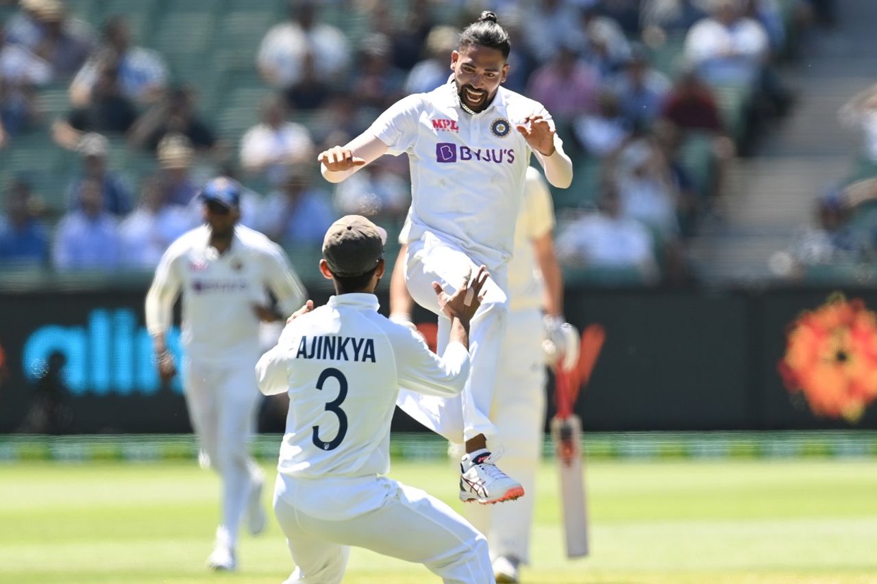 Mohammad Siraj celebrates his maiden Test wicket, Australia v India, 2nd Test, Melbourne, 1st Day, December 26, 2020