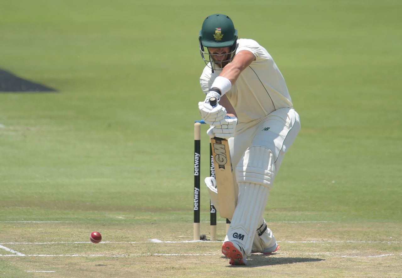 Aiden Markram defends the ball back down the pitch, South Africa v Sri Lanka, 1st Test, Day 2, Centurion, December 27, 2020