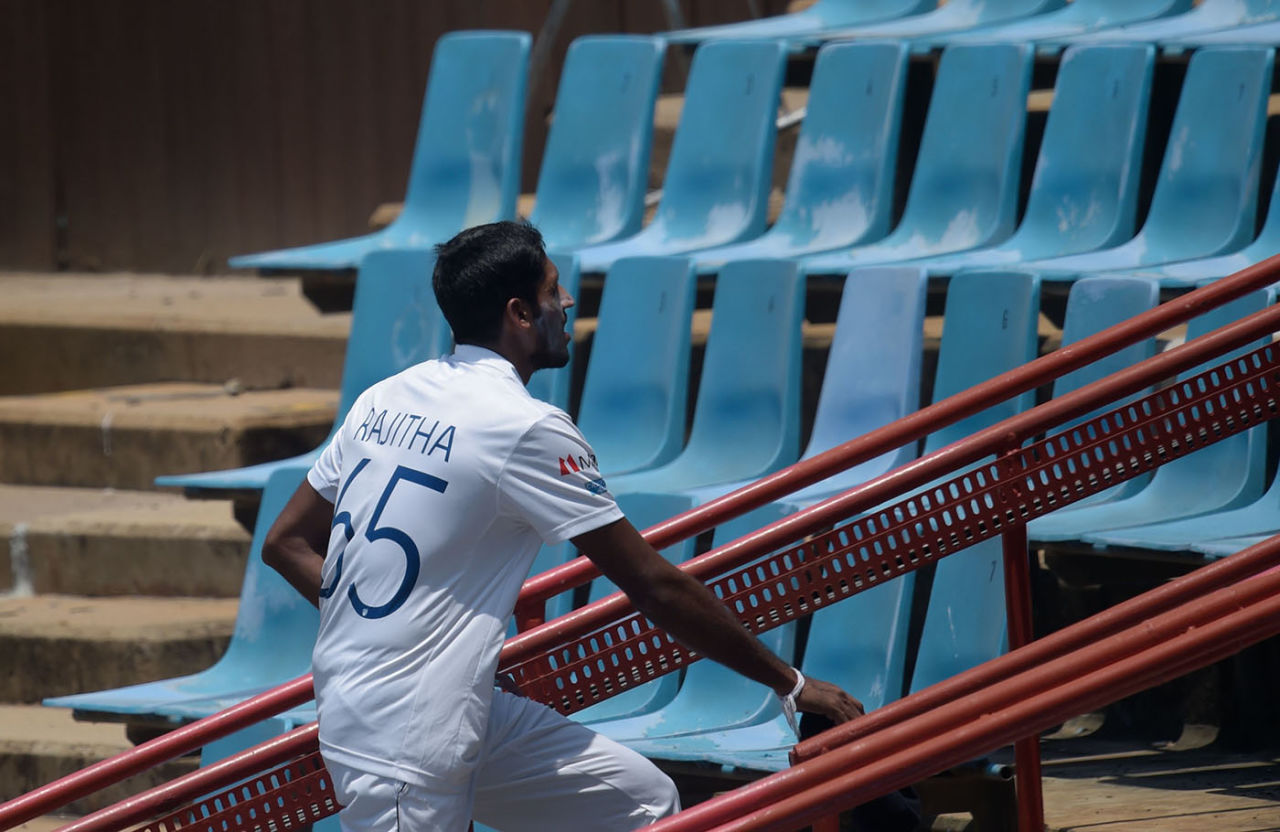 Kasun Rajitha hobbled off with a groin injury, South Africa v Sri Lanka, 1st Test, Day 2, Centurion, December 27, 2020