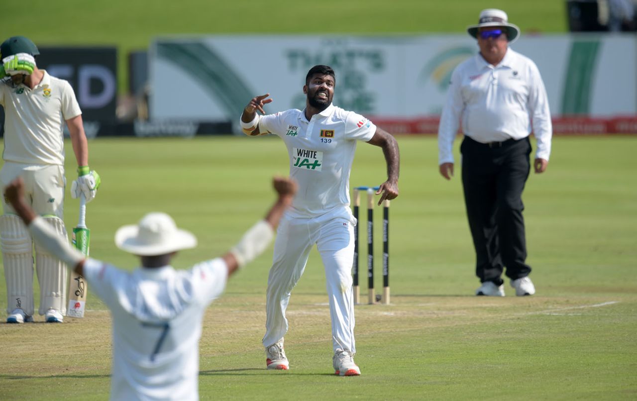 Lahiru Kumara celebrates the wicket of Rassie van der Dussen, South Africa v Sri Lanka, 1st Test, Day 2, Centurion, December 27, 2020