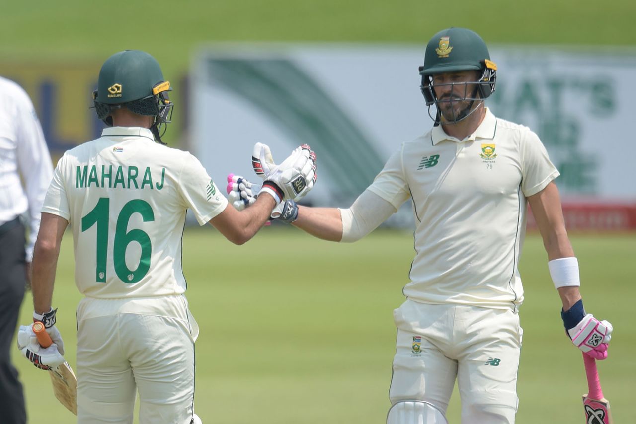 Keshav Maharaj congratulates Faf du Plessis on reaching 150 for the first time in Tests, South Africa v Sri Lanka, 1st Test, 3rd day, Centurion, December 28, 2020