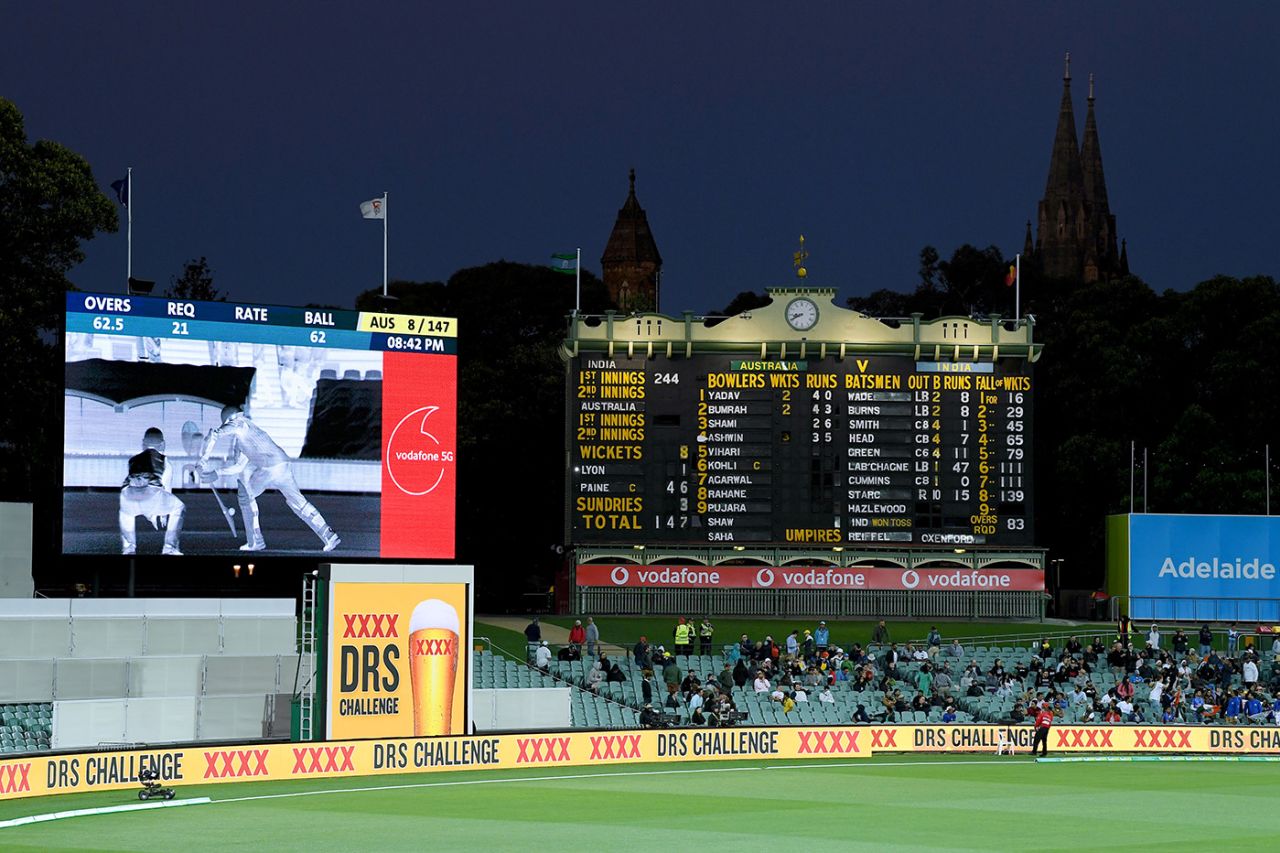 A replay of a DRS review shown on the big screen, Australia vs India, 1st Test, Adelaide, 2nd day, December 18, 2020