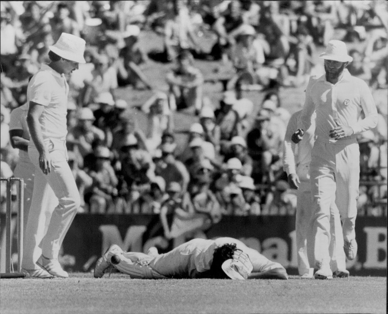 Sandeep Patil lies on the pitch after copping a Len Pascoe bouncer, first day, first Test, Australia vs India, Sydney Cricket Ground, Sydney, Australia, Jan 2, 1981