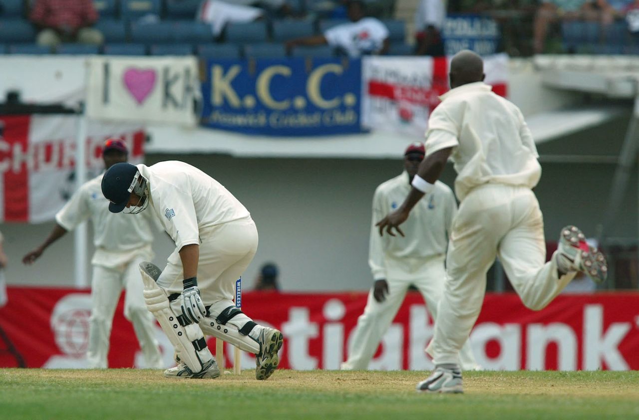 Mark Butcher reels after being hit by a bouncer from Tino Best, day two, first Test between West Indies vs England, Sabina Park Cricket Ground, Kingston, Jamaica, March 12, 2004