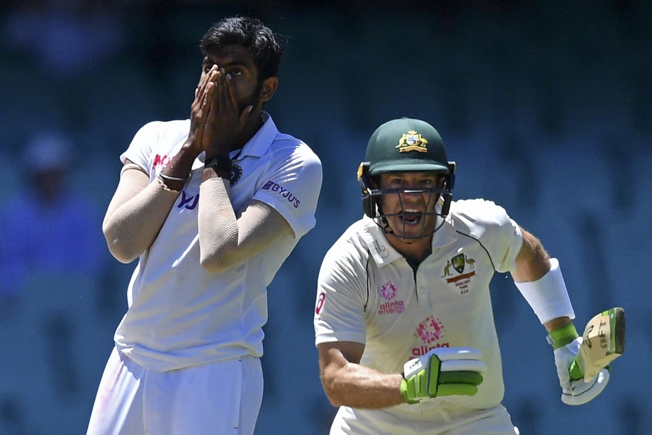 Jasprit Bumrah reacts after Tim Paine is dropped off his bowling, Australia vs India, 3rd Test, Sydney, 4th day, January 10, 2021