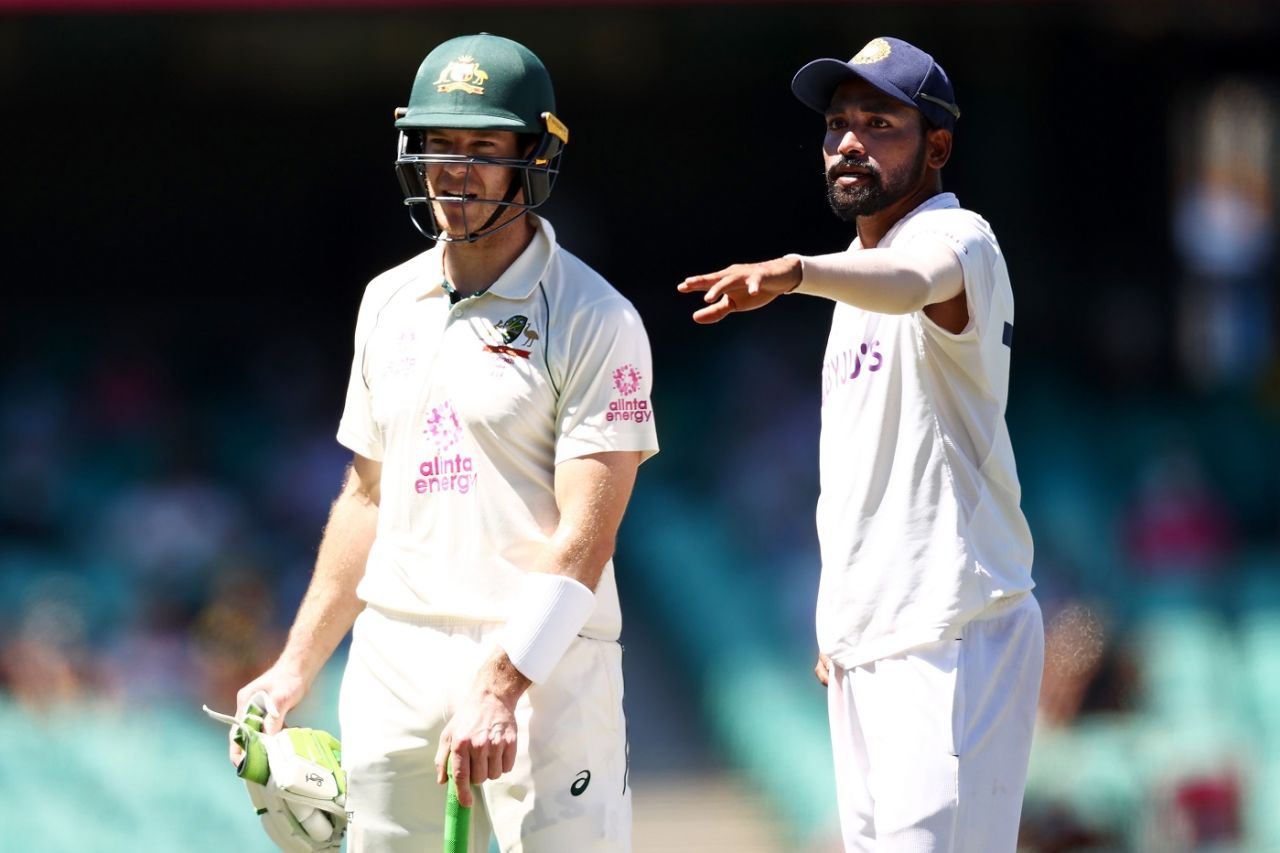 Tim Paine looks on as Mohammed Siraj points in the direction from where spectators directed abuse at him, Australia vs India, 3rd Test, Sydney, 4th day, January 10, 2021