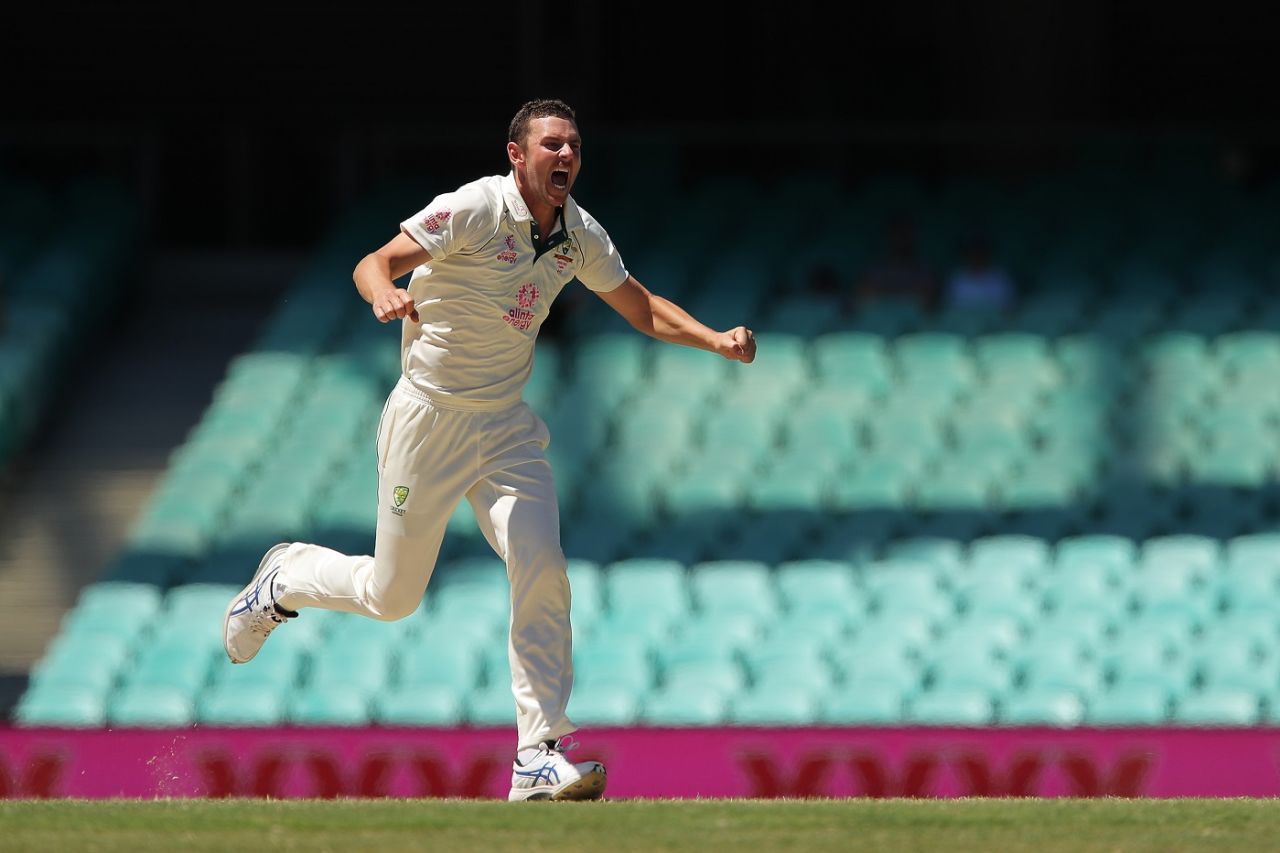 Josh Hazlewood is pumped after bowling a peach to get rid of Cheteshwar Pujara, Australia vs India, 3rd Test, Sydney, 5th day, January 11, 2021