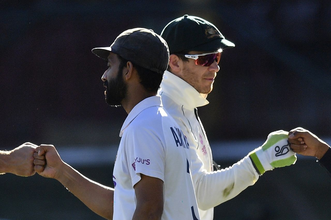 Ajinkya Rahane and Tim Paine at the end of the SCG Test, Australia vs India, 3rd Test, Sydney, 5th day, January 11, 2021