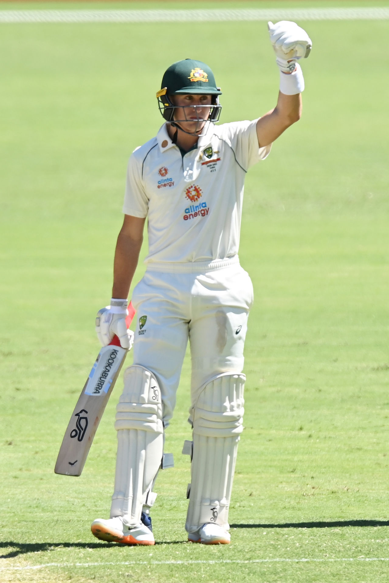 Marnus Labuschagne signals to the dressing room after reaching his half-century, Australia vs India, 4th Test, Brisbane, 1st day, January 15, 2021