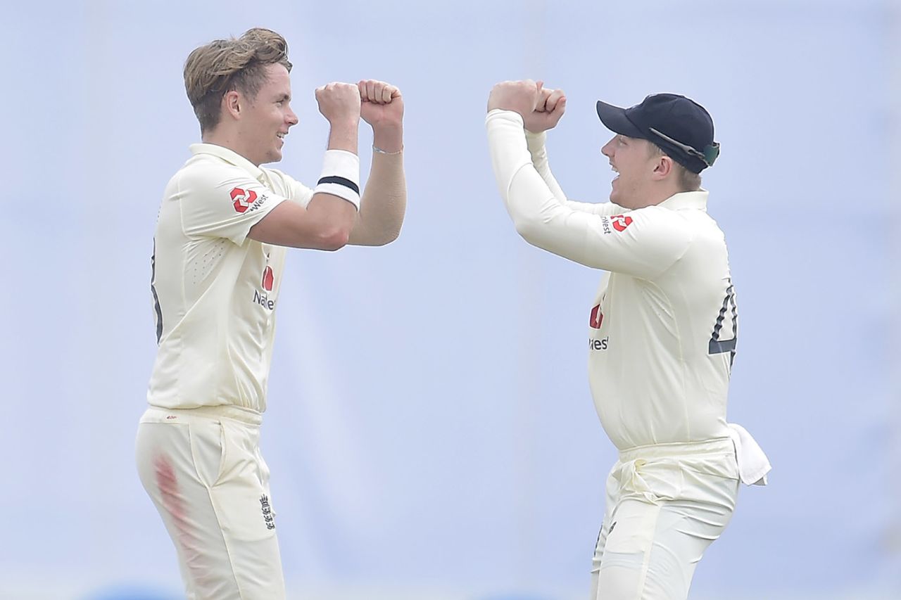 Sam Curran celebrates his breakthrough with Dom Bess, Sri Lanka v England, 1st Test, Galle, 3rd day, January 16, 2021