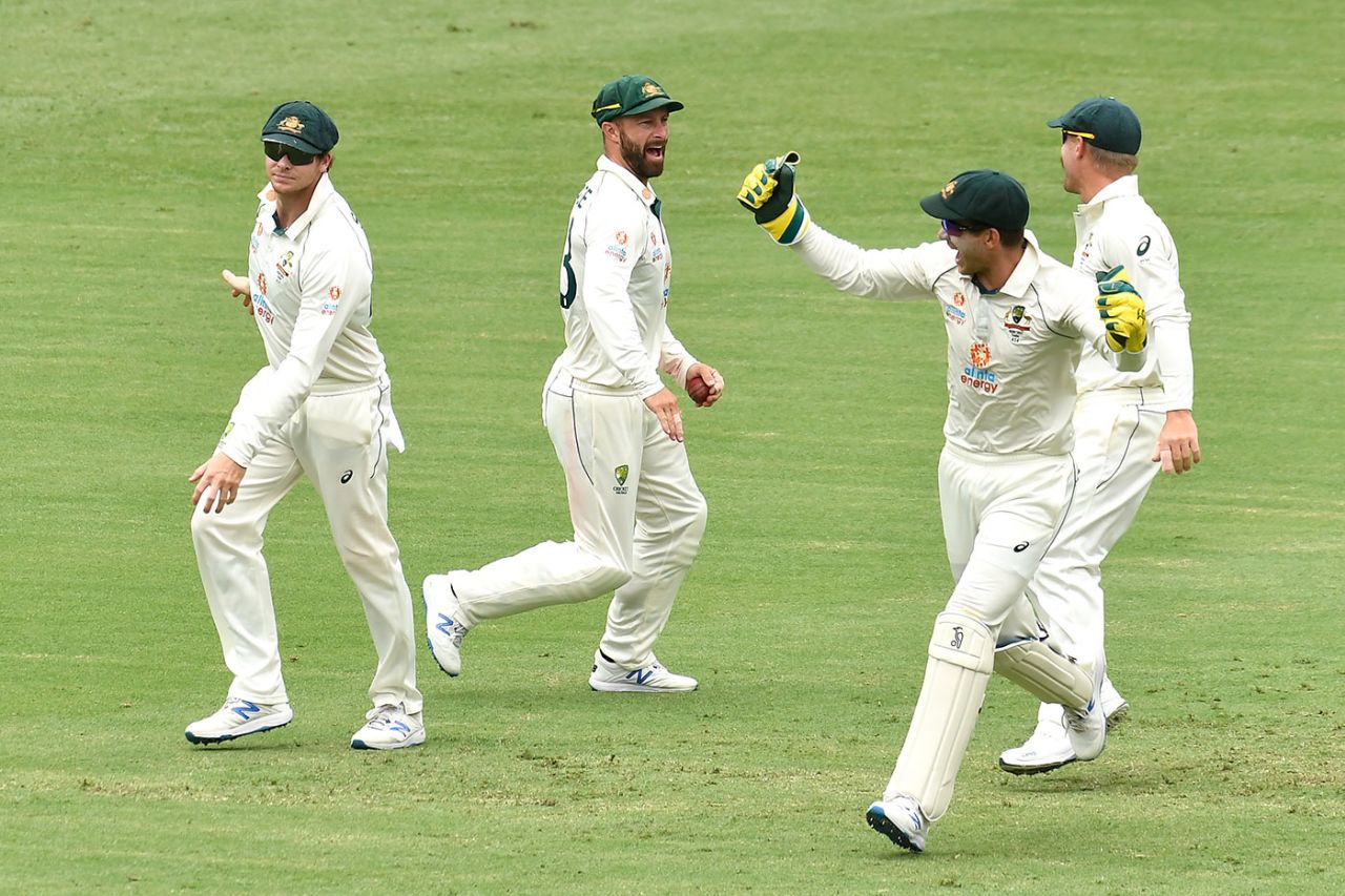 Australia celebrate as Ajinkya Rahane is caught in the slips, Australia vs India, 4th Test, Brisbane, 3rd day, January 17, 2021