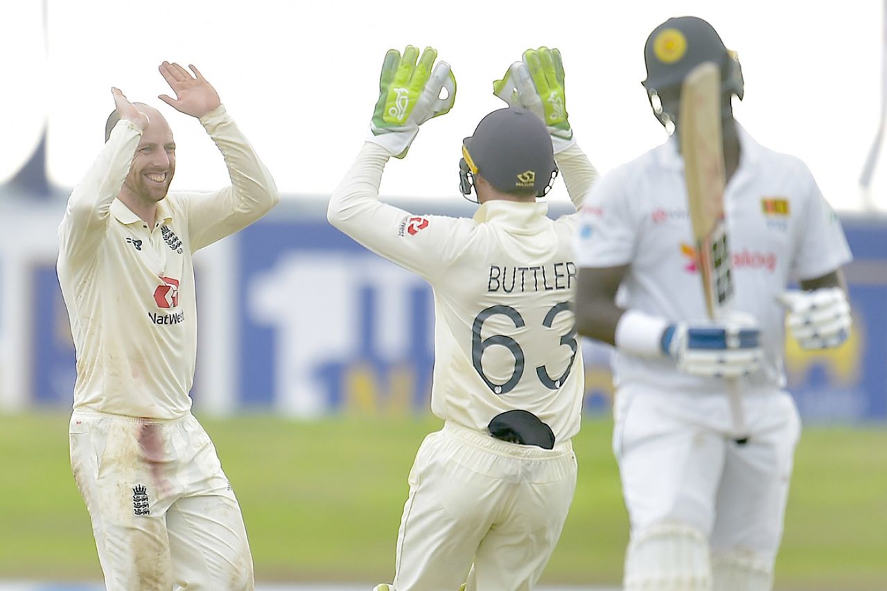 Jack Leach celebrates after taking his fifth wicket, Sri Lanka v England, 1st Test, Galle, 4th day, January 17, 2021