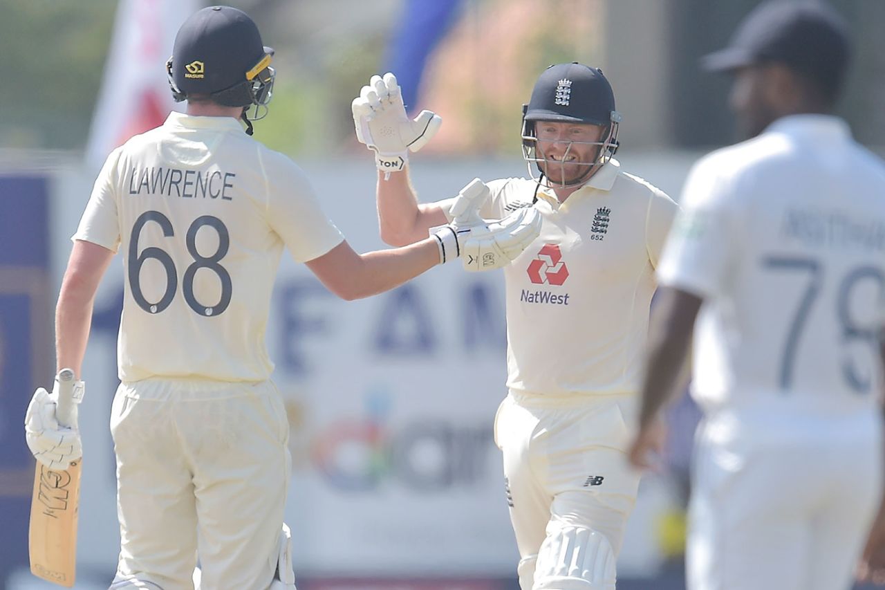 Dan Lawrence and Jonny Bairstow celebrate the moment of victory, Sri Lanka v England, 1st Test, Galle, 5th day, January 18, 2021