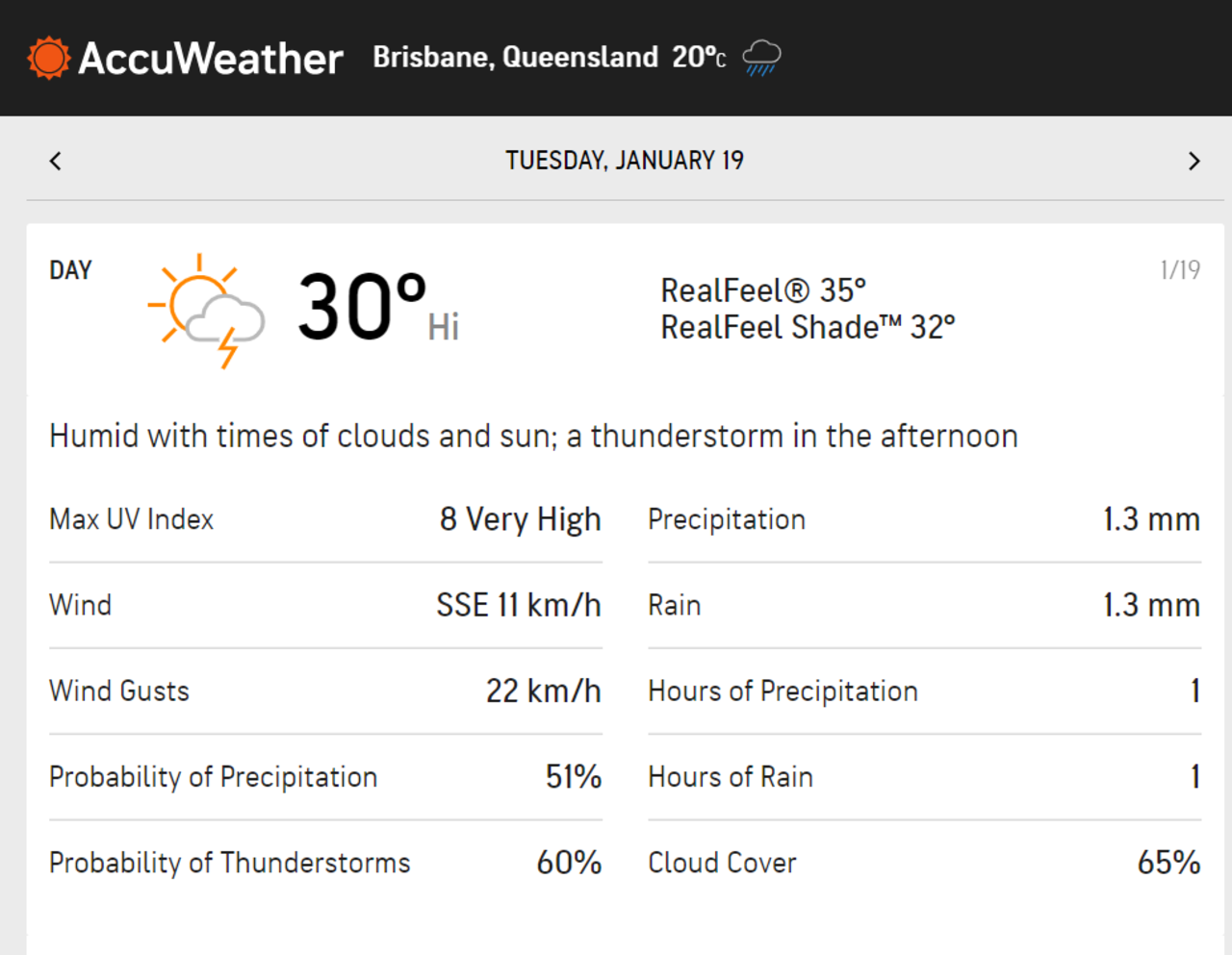 Weather forecast, Brisbane, January 18, 2021