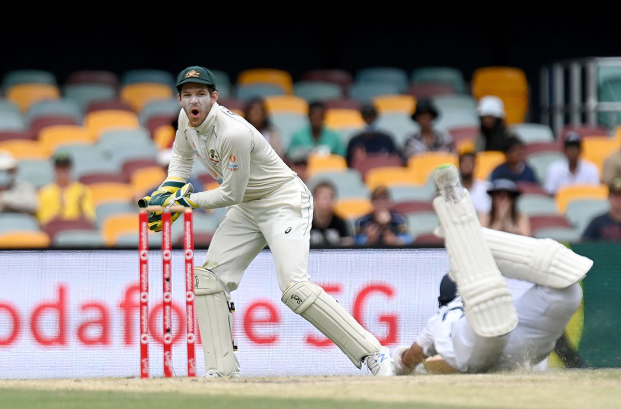 Cheteshwar Pujara scrambles for safety as Tim Paine collects a throw, Australia vs India, 4th Test, Brisbane, 5th day, January 19, 2021