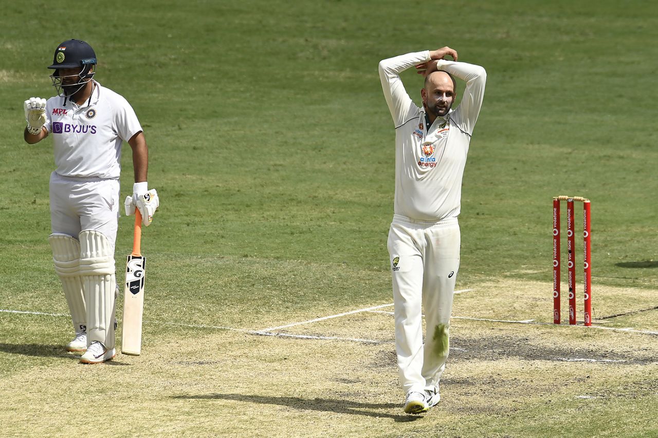 Nathan Lyon reacts to a close shave, Australia vs India, 4th Test, Brisbane, 5th day, January 19, 2021