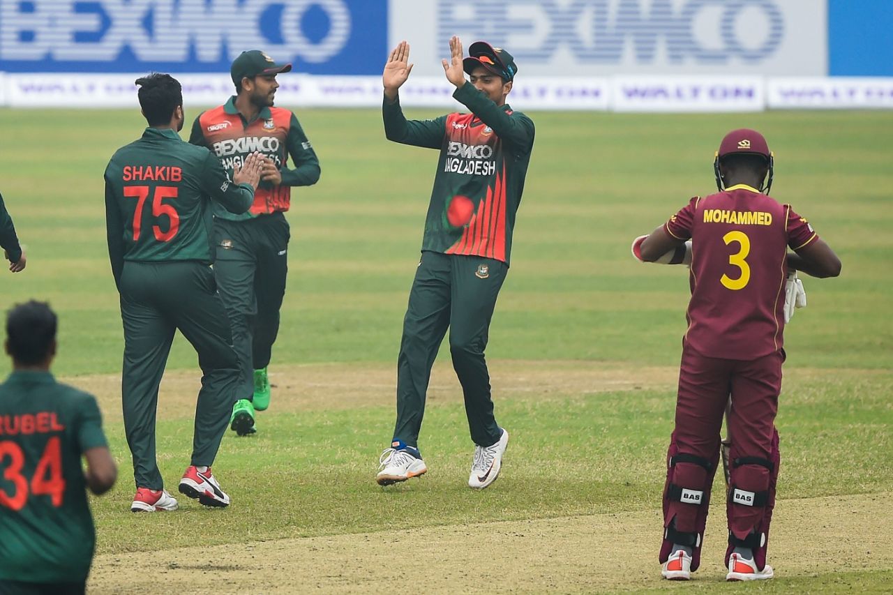 Shakib Al Hasan is congratulated for a wicket, Bangladesh v West Indies, 1st ODI, Mirpur, January 20, 2021