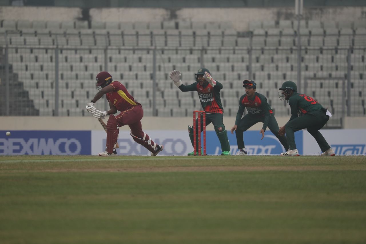 Bangladesh fielders appeal as Nkrumah Bonner is trapped in front of the stumps, Bangladesh v West Indies, 1st ODI, Mirpur, January 20, 2021