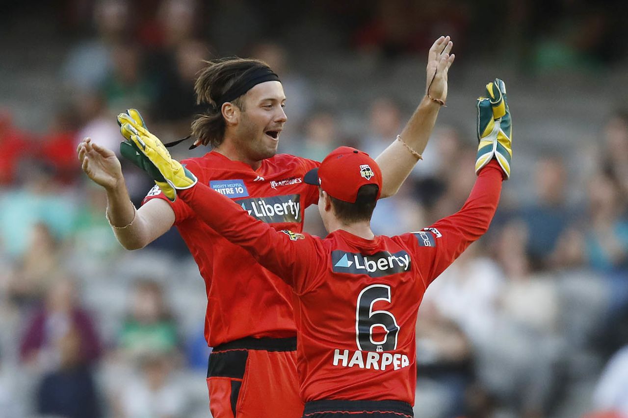 Zak Evans celebrates after taking two wickets in two balls, Melbourne Renegades vs Melbourne Stars, BBL 2020-21, Docklands, January 20, 2021