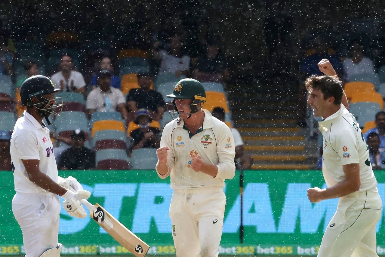 Pat Cummins celebrates Cheteshwar Pujara's wicket, Australia vs India, 4th Test, Brisbane, 5th day, January 19, 2021