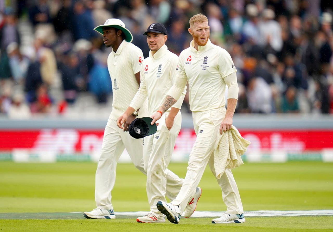 Jofra Archer, Rory Burns and Ben Stokes walk off at lunch, England v Australia, 2nd Test, Lord's, 3rd day, August 16, 2019
