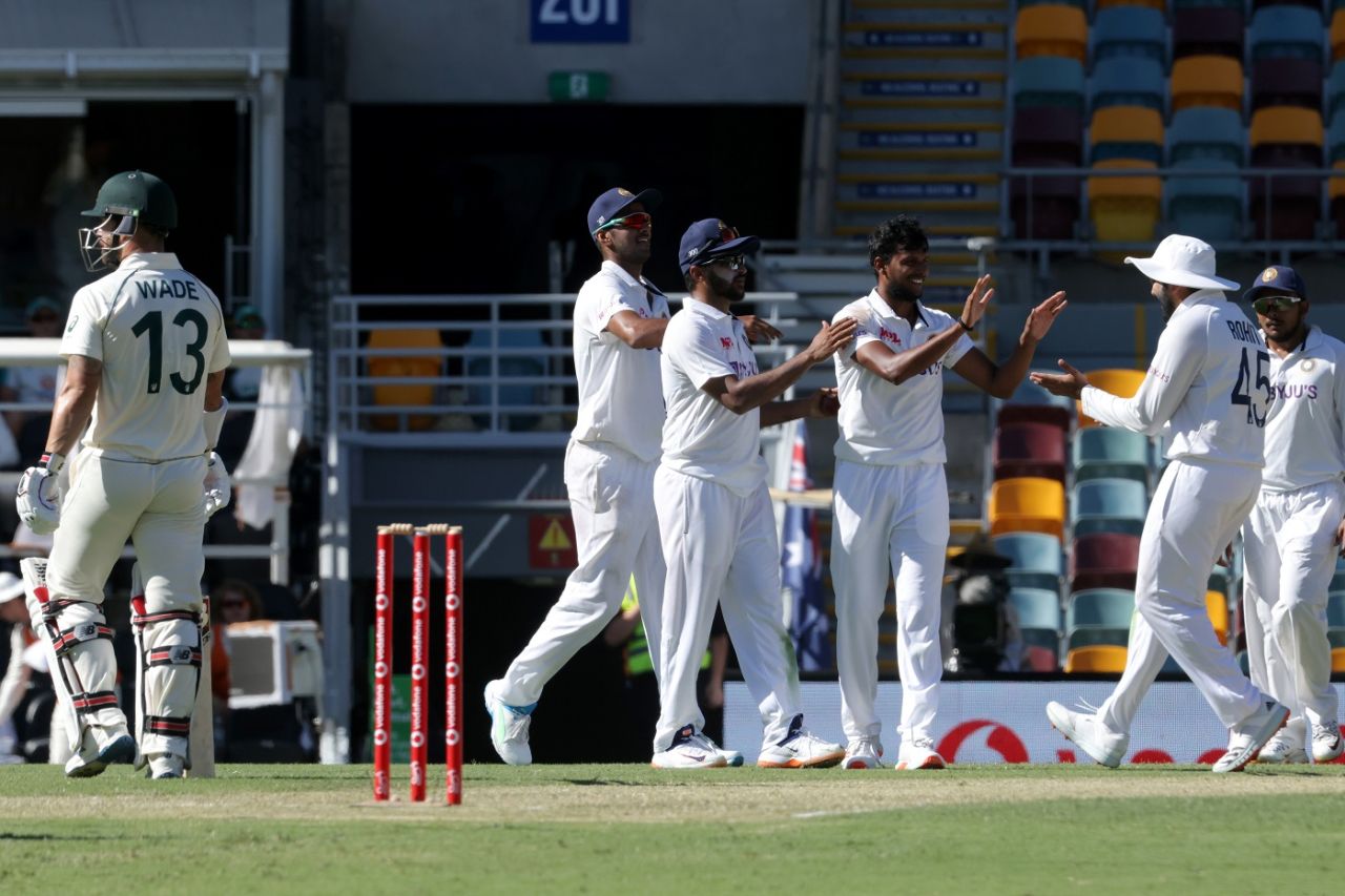 T Natarajan celebrates with team-mates after dismissing Matthew Wade, Australia vs India, 4th Test, Brisbane, 1st day, January 15, 2020