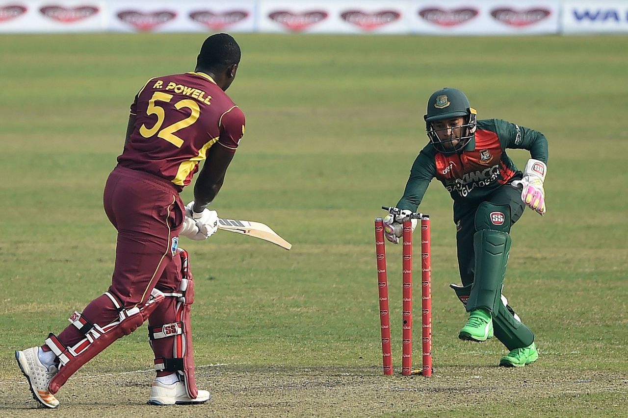 Rovman Powell is stumped by Mushfiqur Rahim in trying to force the pace, Bangladesh vs West Indies, 2nd ODI, Dhaka, January 22, 2021
