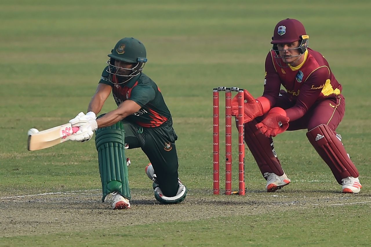 Najmul Hossain Shanto essays the sweep, Bangladesh vs West Indies, 2nd ODI, Dhaka, January 22, 2021
