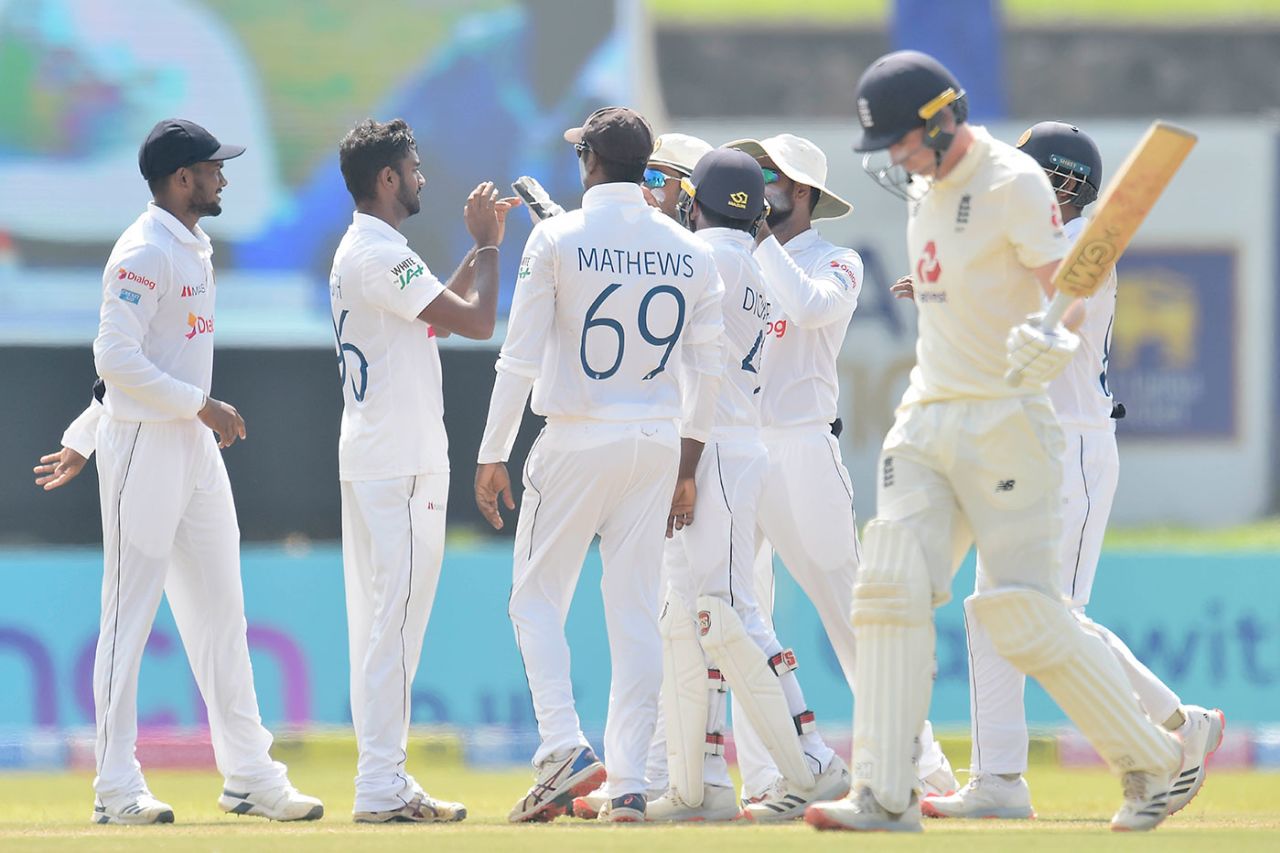 Lasith Embuldeniya claimed the wicket of Dan Lawrence for 3, Sri Lanka vs England, 2nd Test, Galle, 3rd day, January 24, 2021