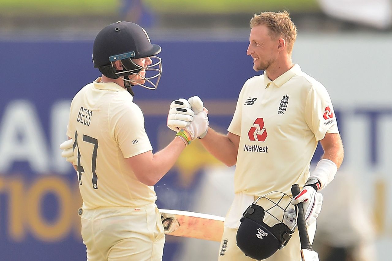 Dom Bess congratulates Joe Root after the captain reaches 150, Sri Lanka vs England, 2nd Test, Galle, 3rd day, January 24, 2021