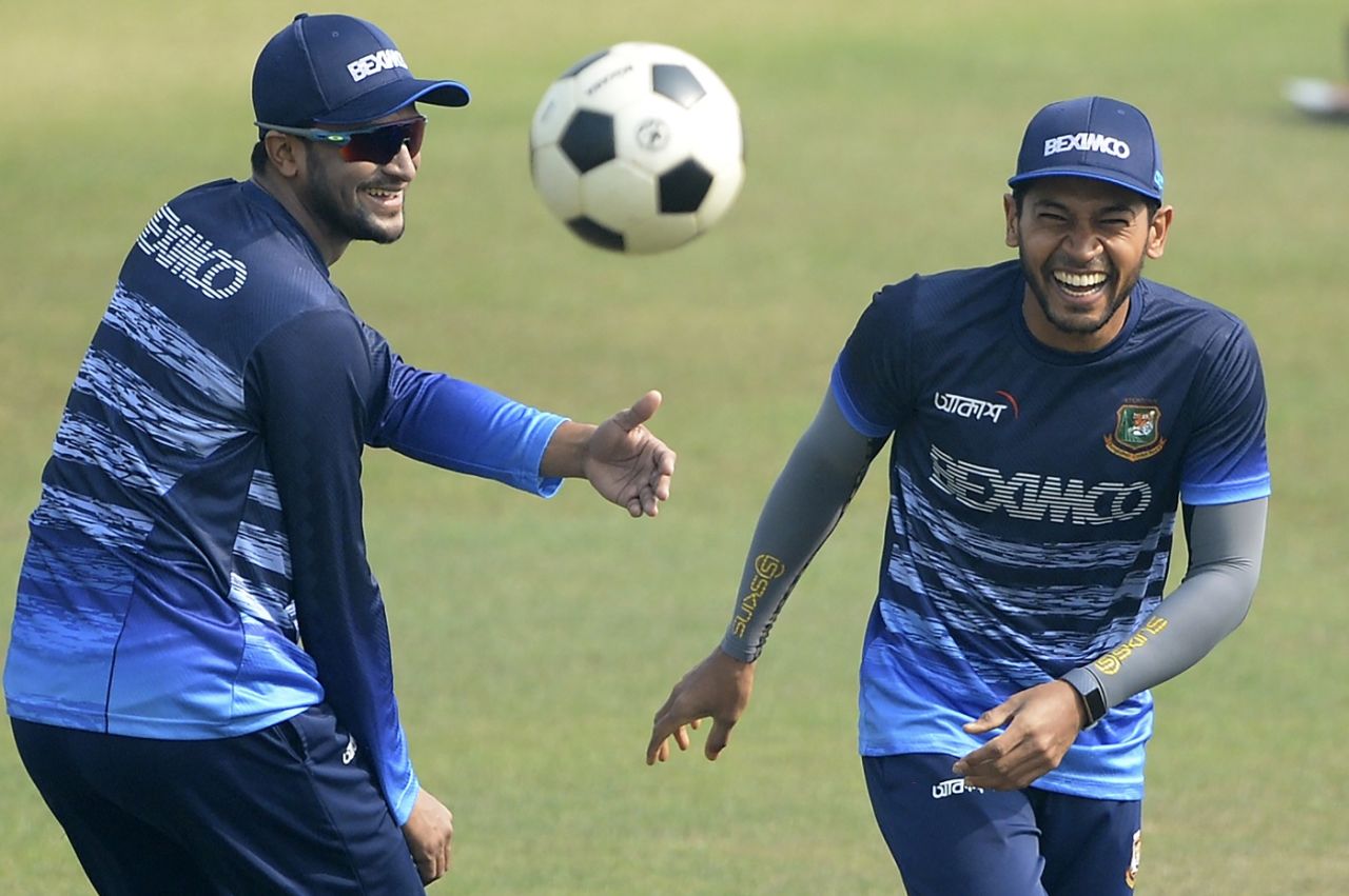Shakib Al Hasan and Mushfiqur Rahim share a laugh while training at the Zohur Ahmed Chowdhury Stadium, Bangladesh vs West Indies, Chittagong, January 24, 2021