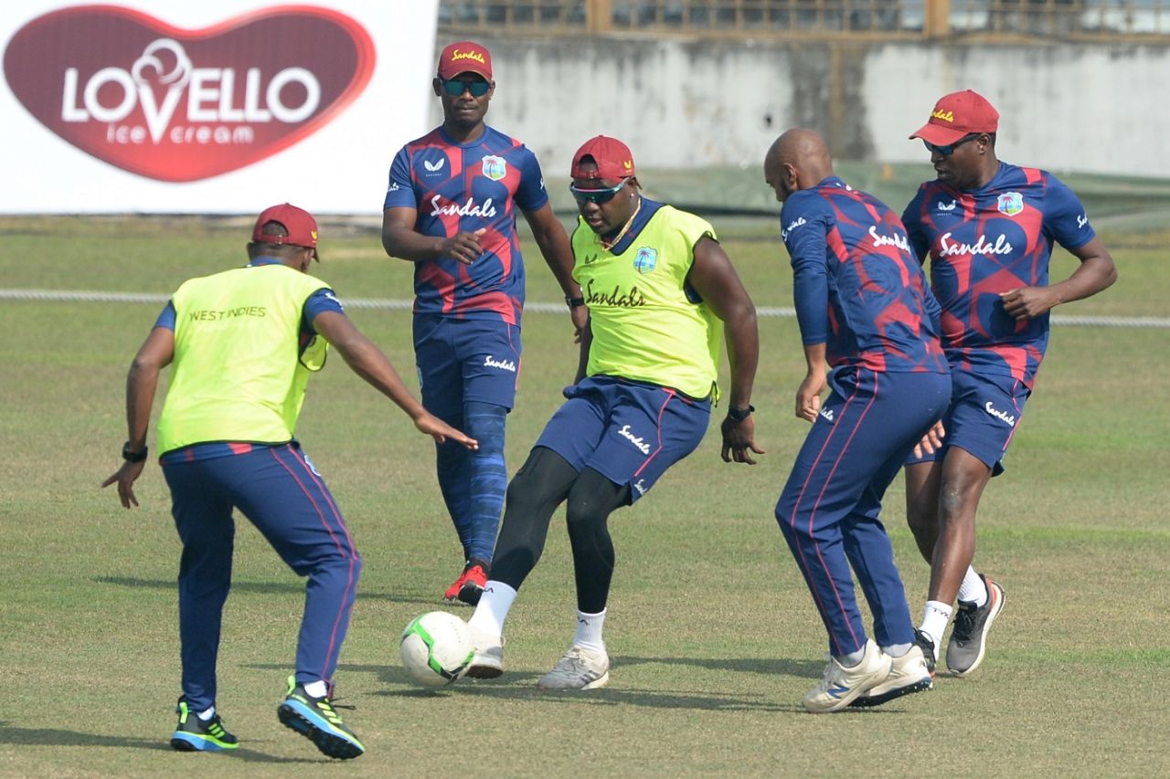 The West Indies players play football during a practice session at the Zohur Ahmed Chowdhury Stadium, Bangladesh vs West Indies, Chittagong, January 24, 2021