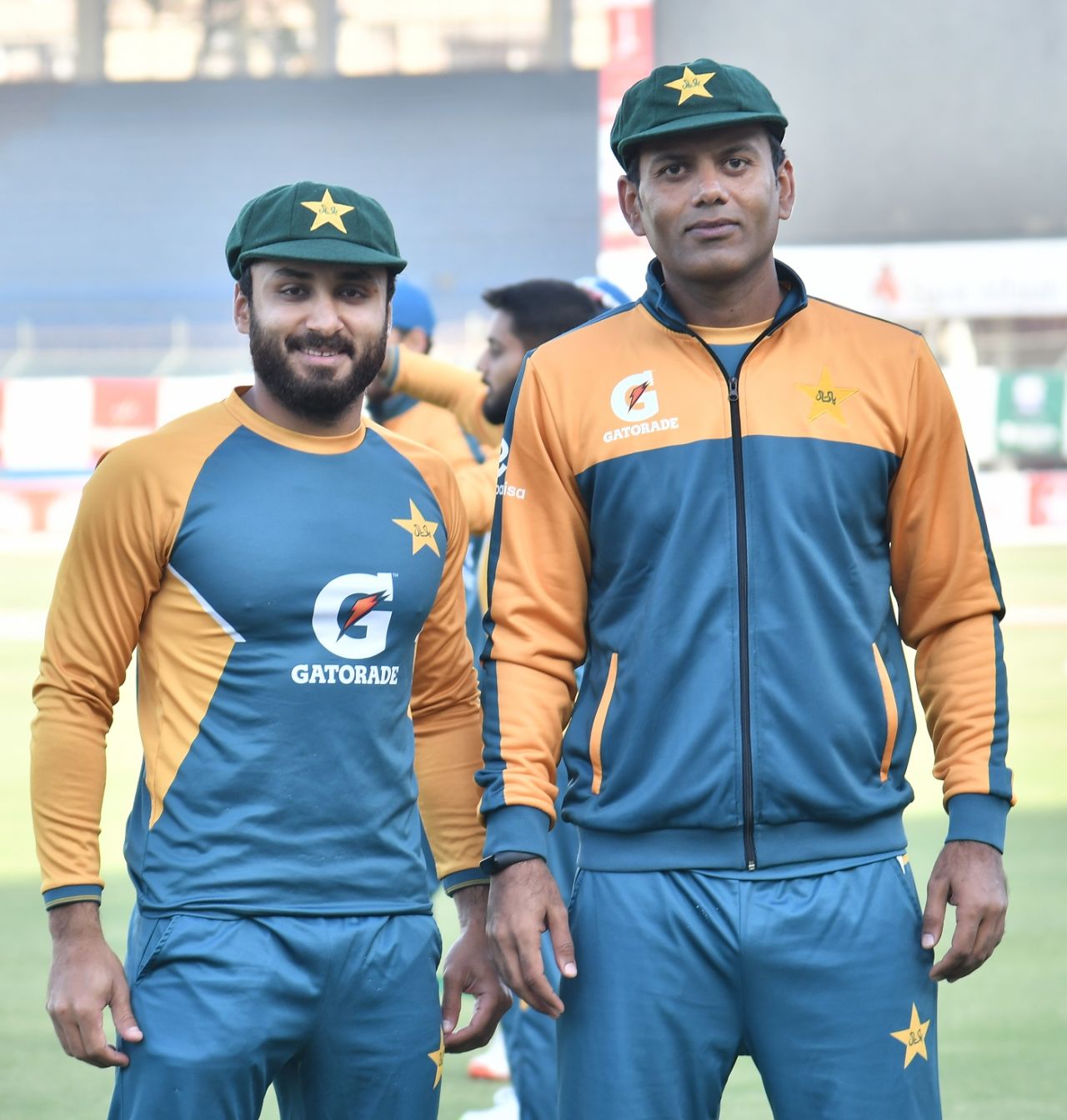 Imran Butt and Nauman Ali, the two debutants, pose after receiving their Test caps, Pakistan vs South Africa, 1st Test, Karachi, 1st day, January 26, 2021