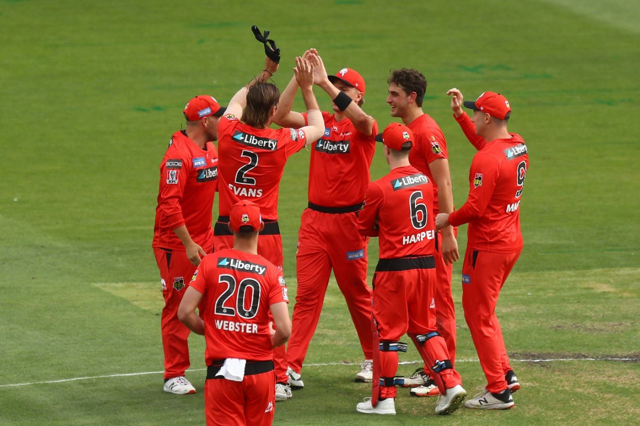 Zak Evans celebrates a wicket with his team-mates, Melbourne Renegades vs Hobart Hurricanes, BBL 2020-21, Melbourne, January 26, 2021