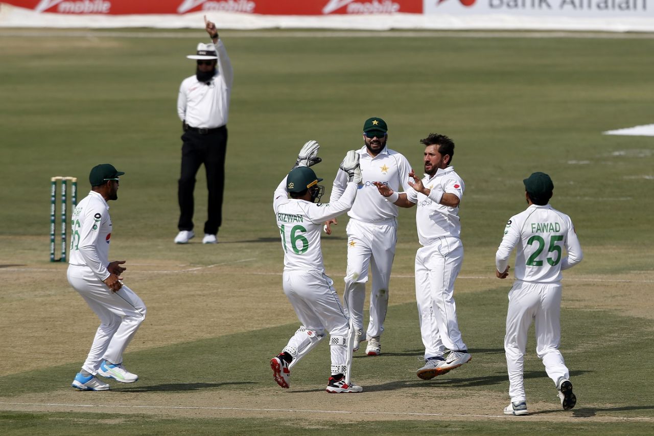 Yasir Shah celebrates dismissing Faf du Plessis, Pakistan vs South Africa, 1st Test, Karachi, 1st day, January 26, 2021