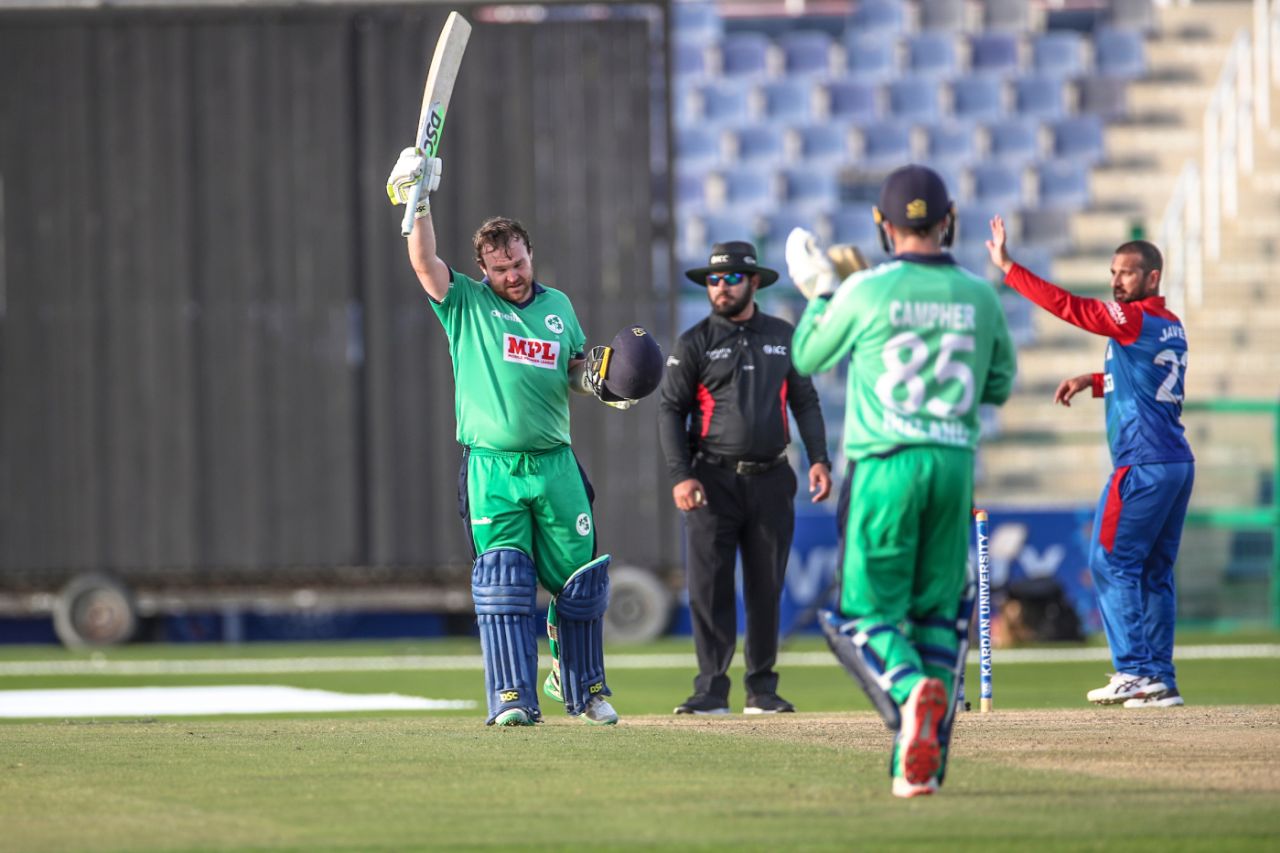 Paul Stirling celebrates getting to a second successive century against Afghanistan, Afghanistan vs Ireland, 3rd ODI, Abu Dhabi, January 26, 2021