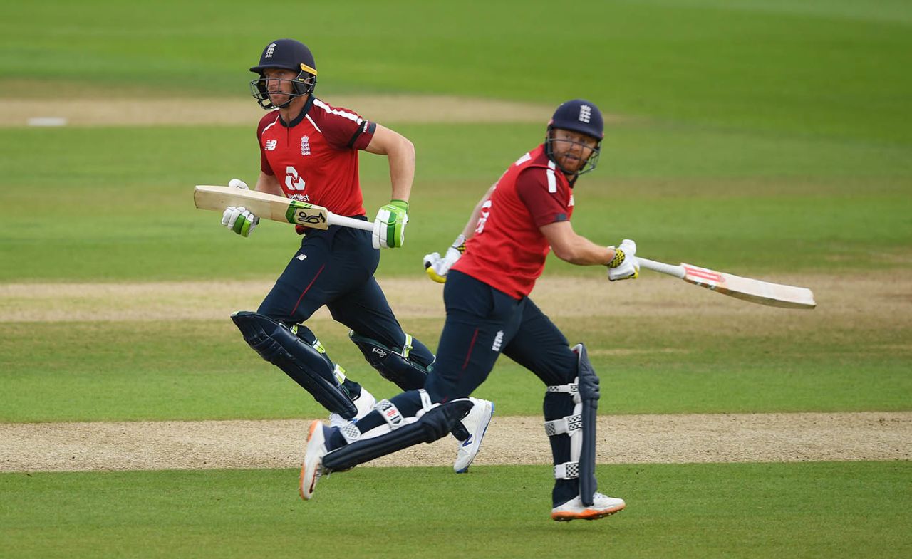 Jos Buttler and Jonny Bairstow run between the wickets, England v Australia, 1st T20I, Ageas Bowl, September 4, 2020