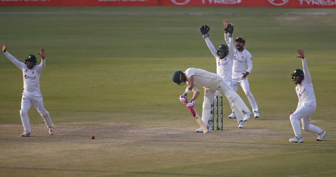 The Pakistan fielders go up in appeal as Faf du Plessis is trapped in front, Pakistan vs South Africa, 1st Test, Karachi, day 3, January 28, 2021