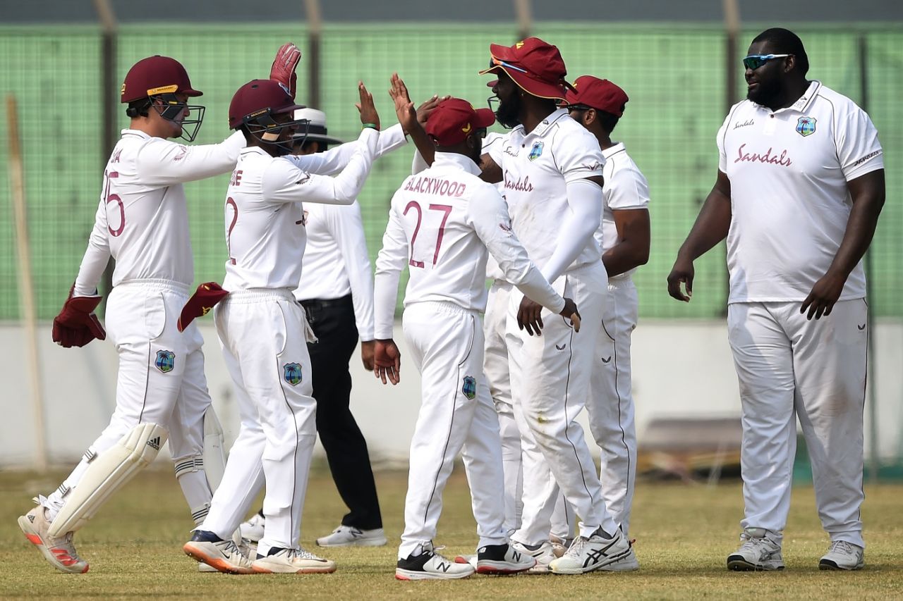 Rahkeem Cornwall joins his team-mates after dismissing Mahmudul Hasan Joy, BCB XI vs West Indians, Tour match, 2nd day, Chattogram, January 30, 2021