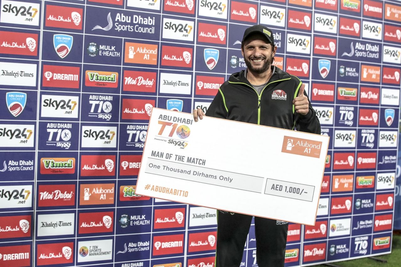 Shahid Afridi's 2 for 16 earned him the Man-of-the-Match award, Team Abu Dhabi vs Qalandars, Abu Dhabi T10 League, Abu Dhabi, January 30, 2021