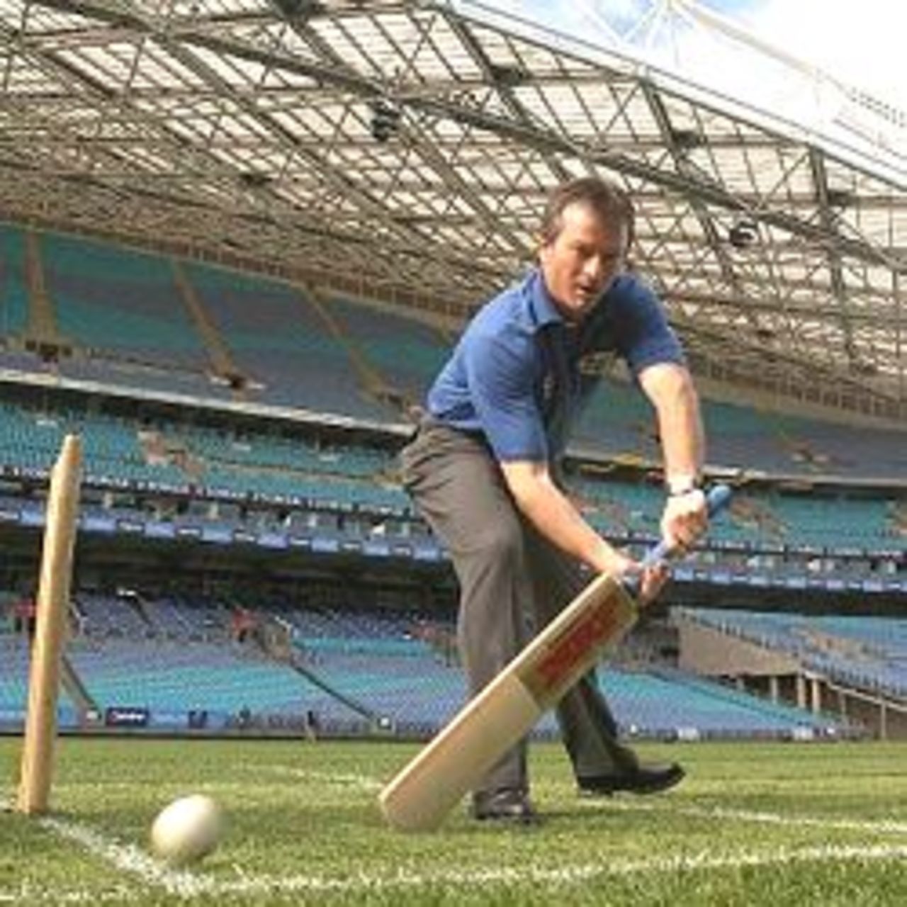 SYDNEY - AUGUST 6 : Steve Waugh plays a shot off the bowling of Glenn McGrath as they inspect the wicket at Telstra Stadium in Sydney, Australia on August 6, 2002. The first One Day International cricket match to be played at Telstra stadium will take place this summer.
