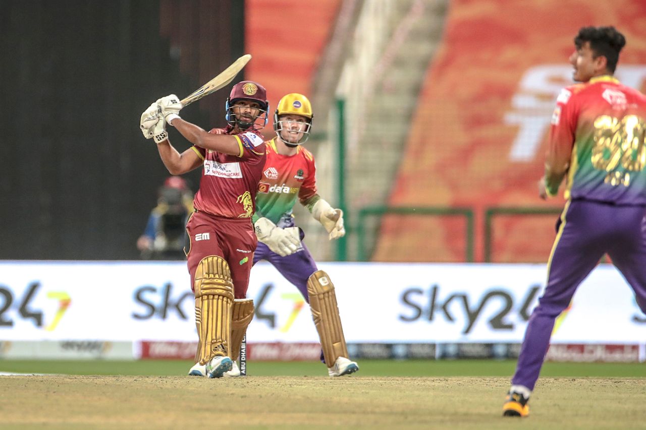 Nicholas Pooran hits Mujeeb Ur Rahman down the ground for six, Bangla Tigers vs Northern Warriors, Abu Dhabi T10, Abu Dhabi, January 31, 2021